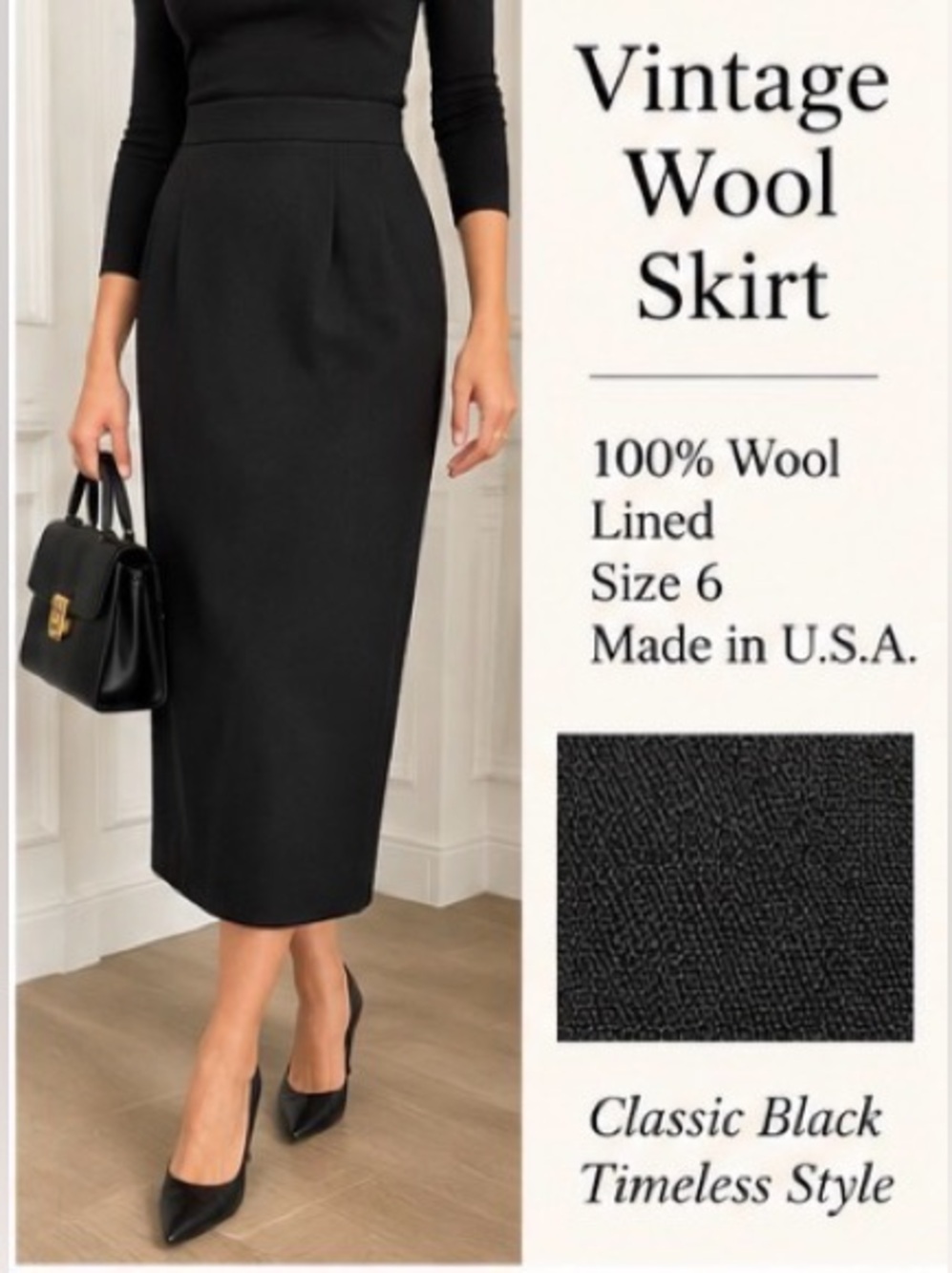Vintage ILGWU Black 100% Pure Wool Pencil Skirt Size 6 Made USA Lined Condition